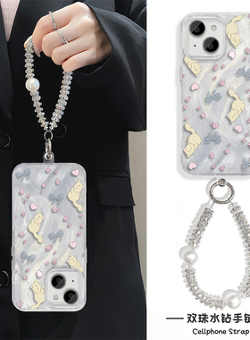 iPhone16羽纱14plus苹果12爱心猫咪华为Nova13硬女款15ProMax手机壳带挂绳适用手链s20创意链条neo10高级感a3