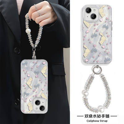 iPhone16羽纱14plus苹果12爱心猫咪华为Nova13硬女款15ProMax手机壳带挂绳适用手链s20创意链条neo10高级感a3