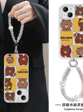布朗熊iPhone15手机壳带挂绳NOVA12羽纱链条13苹果16Plus适用S20硬14ProMax高级感MATE70Pro女ins风Y300I创意