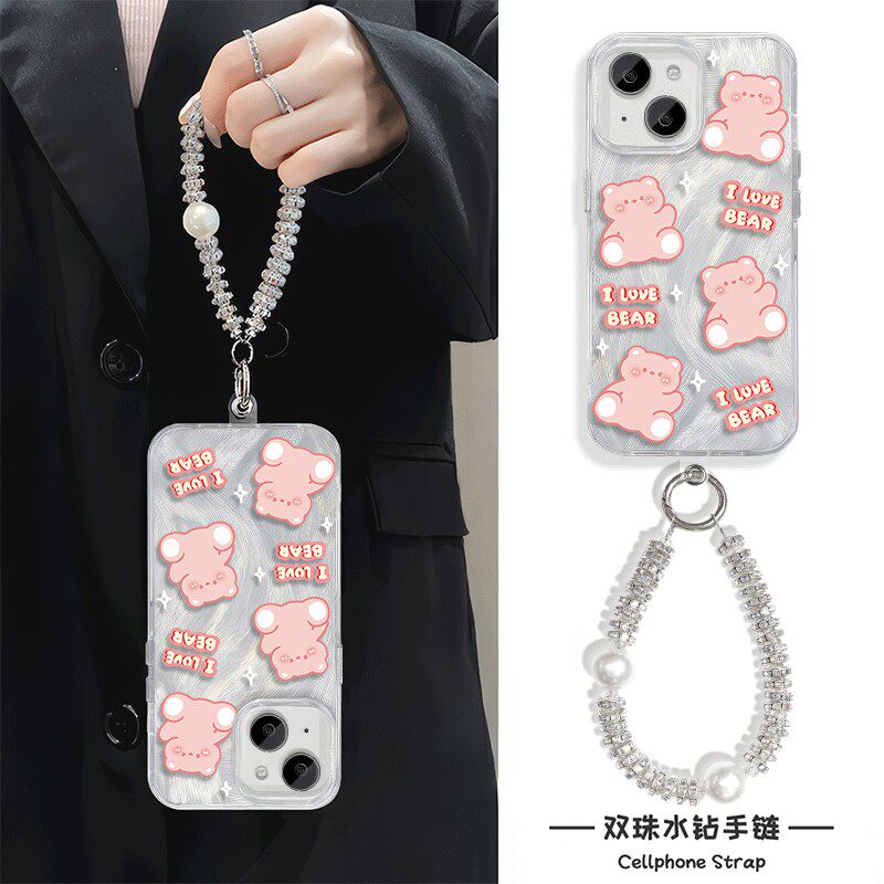 手腕FINDX8SPLUS高级感15ProMax创意羽纱硬苹果12手机壳带挂绳适用iPhone16英文小熊链条13华为NOVA14PRO可爱