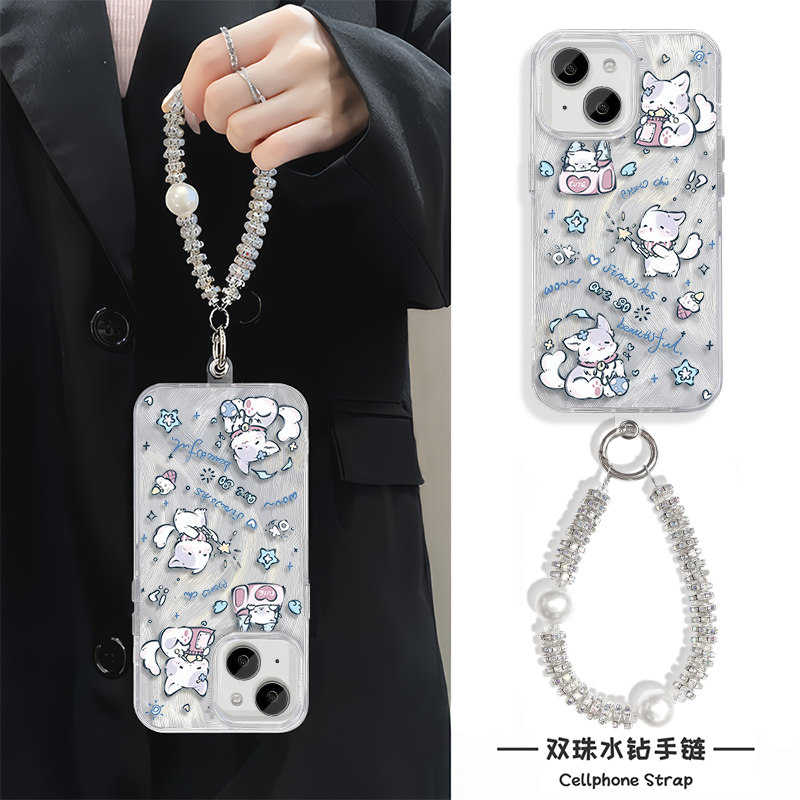 手链x200s高级感苹果15适用14plus羽纱女可爱华为nova12Ultra硬链条13手机壳带挂绳iPhone16promax小猫mate70