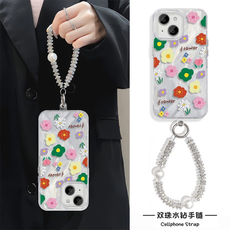 花朵iPhone14手机壳带挂绳链条13羽纱MAGIC7苹果16Plus适用K80Pro硬15ProMax高级感NOVA12女ins风1加ACE5日韩