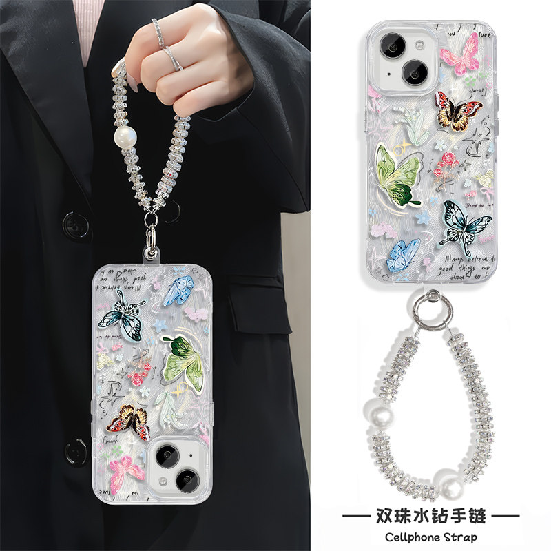 苹果12高级感手机壳带挂绳ins风Nova14英文彩色蝴蝶适用iPhone13超仙16ProMax羽纱硬小米15女款华为HI畅享80S