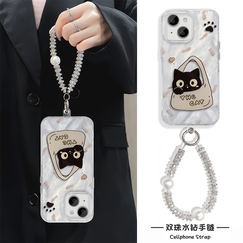 ins购物口袋黑猫iPhone13羽纱链条neo10高级感小米15适用14plus手机壳带挂绳硬16ProMax华为mate70苹果12女款