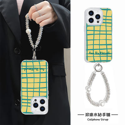 手腕findX8手机壳带挂绳iPhone14高级感羽纱硬苹果16e小众13ProMax适用15plus不规则条纹英文Nova12创意y300i