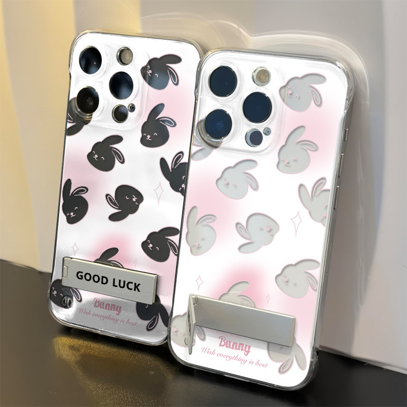 荣耀POWER手机壳带支架手腕Reno14硬13高级感苹果16e无边框透明iPhone15promax适用12超薄华为mate70镂空兔子