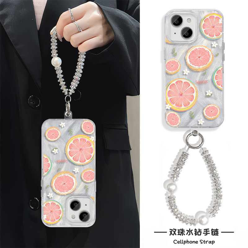 手机壳带挂绳ins风西柚iPhone14硬16plus女款苹果15高级感a5适用Nova13羽纱12ProMax创意手链x200s华为mate70