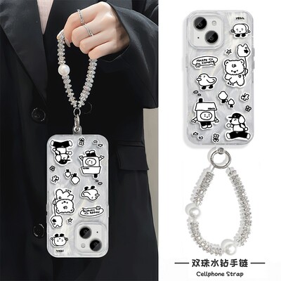 小熊iPhone14手机壳带挂绳MATE70羽纱NOVA12苹果15Plus适用链条13硬16ProMax高级感K80Pro女ins风1加ACE5创意