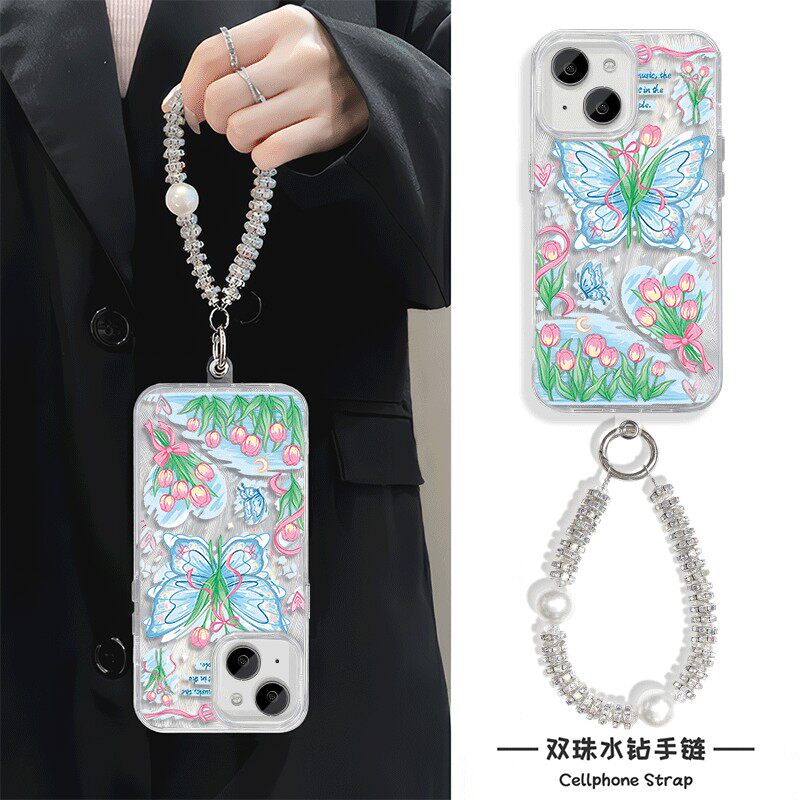 郁金香蓝色蝴蝶高级感硬iPhone12适用k80手机壳带挂绳手腕RENO14苹果16超仙一加13羽纱15ProMax红米TURBO4PRO