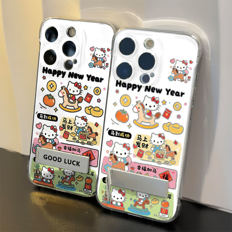 马上发财凯蒂猫适用iPhone16高级感OPPORENO15C硬14plus小众手机壳带支架苹果17PRO无边框13ProMax超薄12透明