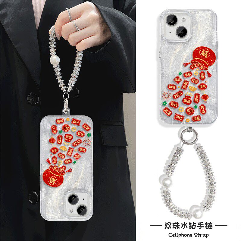 VIVOY500新年福气袋iPhone16羽纱硬苹果13高颜值14plus小众手机壳OPPOK12X带挂绳华为NOVA15适用小米17ProMax