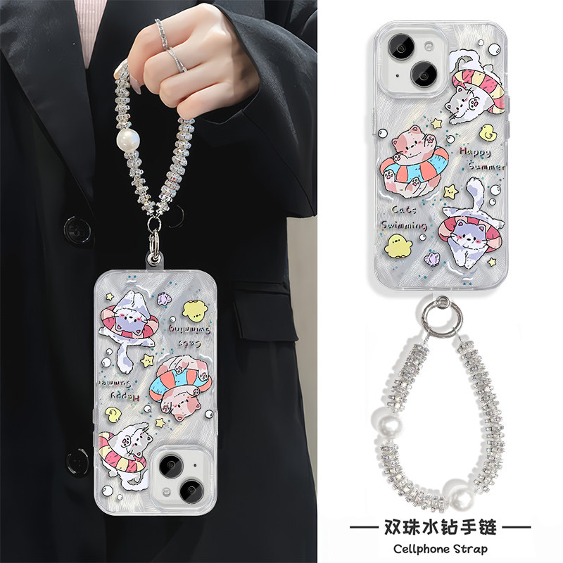 荣耀MAGIC7可爱游泳猫咪15plus适用苹果16硬iPhone13promax手机壳带挂绳x200红米note14羽纱华为nova12高级感