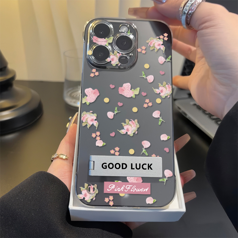 OPPOReno14无边框iPhone标签花朵13ProMax适用硬12高级感荣耀X70I透明苹果16手机壳带支架15plus超薄a5少女心