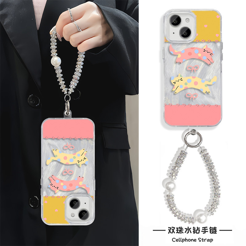 小猫蝴蝶结iPhone12手机壳带挂绳链条13羽纱RENO14苹果15Plus适用16ProMax硬Y300高级感FINDX8S女ins风A5创意