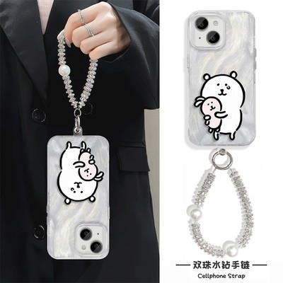 卡通苹果13手机壳带挂绳16PLUS兔子自嘲熊VIVOS50PROMINI适用Nova12少女心小米17硬14ProMax羽纱iPhone15可爱