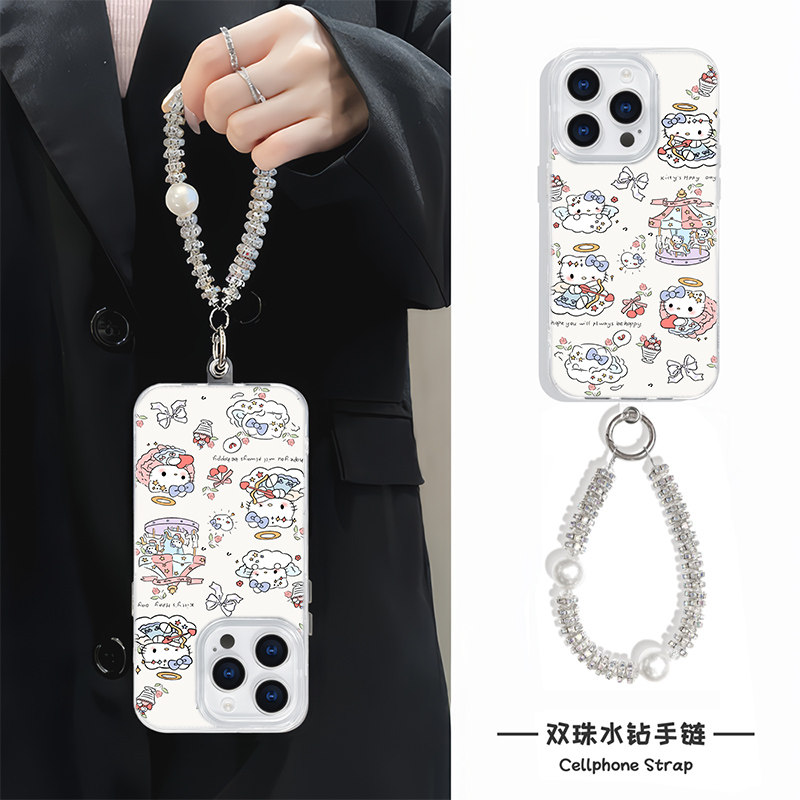 苹果12公主凯蒂猫14plus卡通iPhone13可爱小米15适用羽纱16ProMax高级感手机壳带挂绳硬手链s20pro华为mate70
