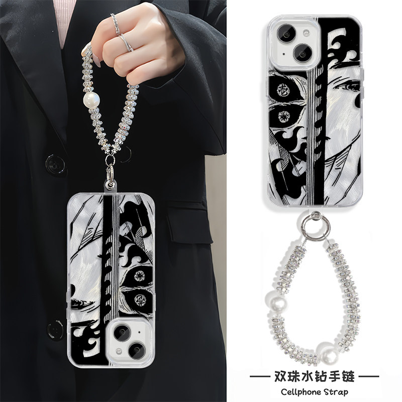 iPhone14高级感13ProMax羽纱手腕Reno12手机壳带挂绳16灭之刃黑死牟半脸苹果15plus适用硬手链x100个性11潮酷
