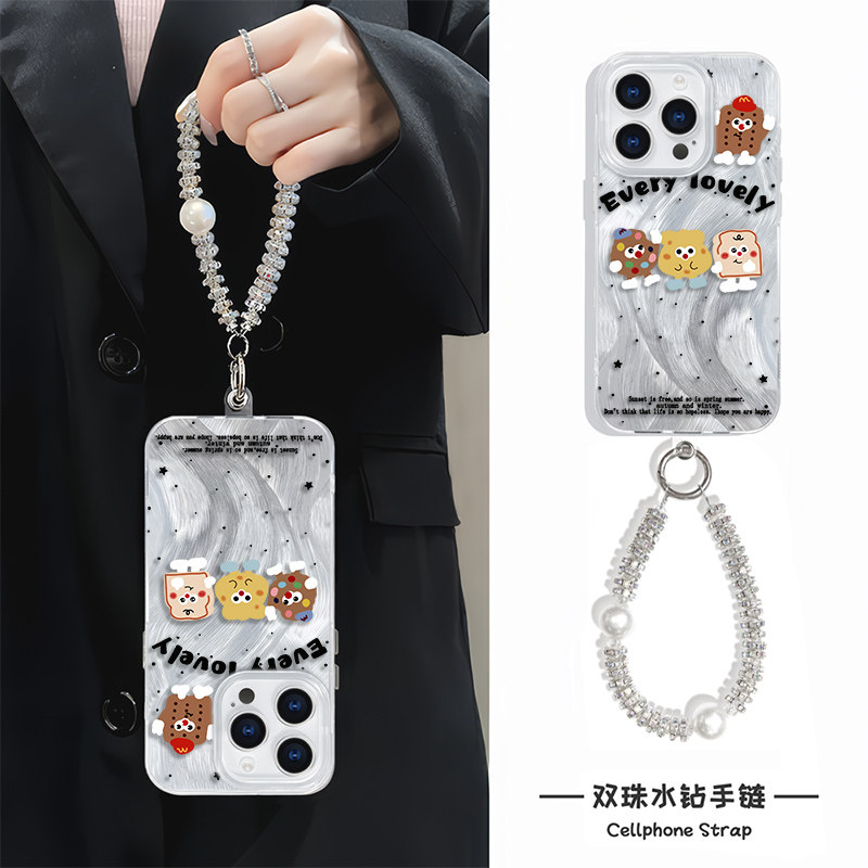 15plus波点饼干苹果12羽纱硬创意16ProMax手机壳带挂绳iPhone13小众红米note14pro趣味适用ins风手腕a5高级感