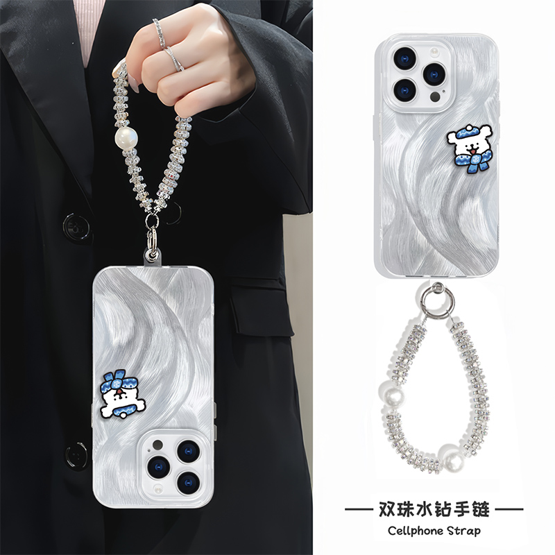 苹果13硬小米14ultra冬天小白狗12ProMax高级感手机壳带挂绳iPhone16简约适用羽纱15plus可爱手链x200卡通k70