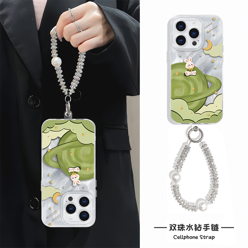 苹果16星球兔子13ProMax高级感创意适用硬iPhone15小清新手机壳带挂绳14plus羽纱华为Nova12卡通手链x200小众