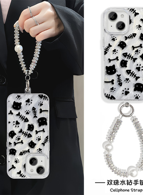 小猫鱼骨iPhone12手机壳带挂绳13ProMax羽纱RENO14小米15苹果16Plus适用MATE70硬高级感K80Pro女ins风S20创意