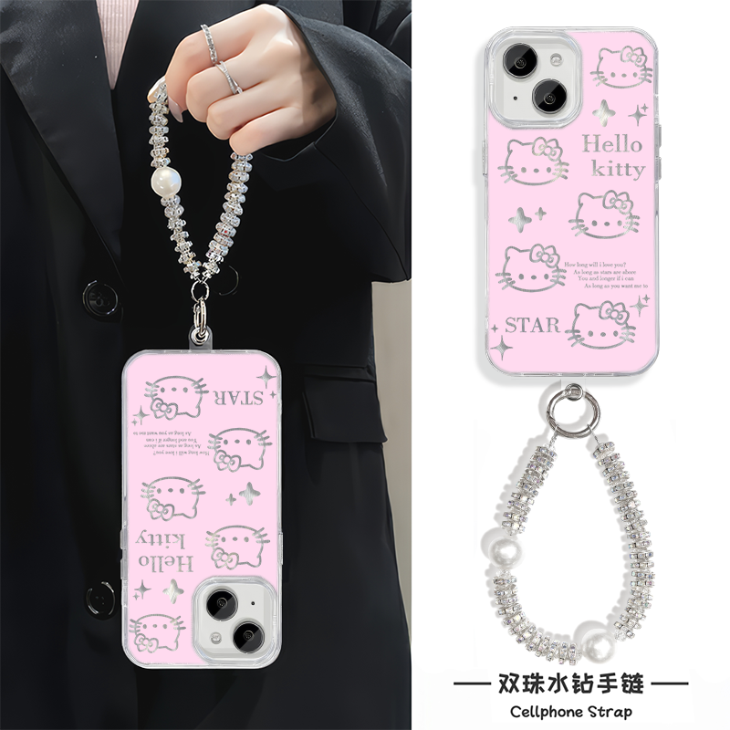 华为NOVA12手机壳带挂绳14ProMax高级感15plus适用苹果13羽纱iPhone16硬满屏镂空凯蒂猫华为Mate70少女心a58x