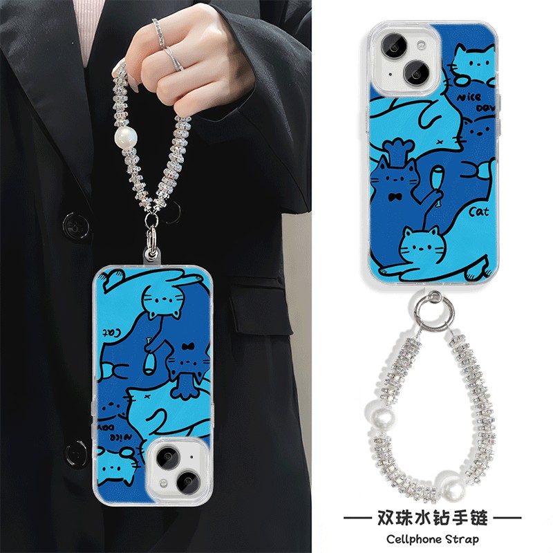 小米15Ultra适用14pro羽纱苹果16硬手腕Reno13手机壳带挂绳iPhone12promax高级感蓝色小猫手链x200可爱findx8