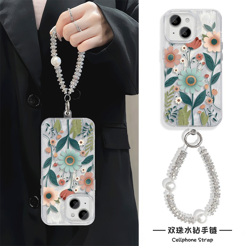 创意ins风花朵MATE70手机壳带挂绳链条13羽纱iPhone14适用NOVA12苹果16Plus硬15ProMax高级感Y300I荣耀GT女款