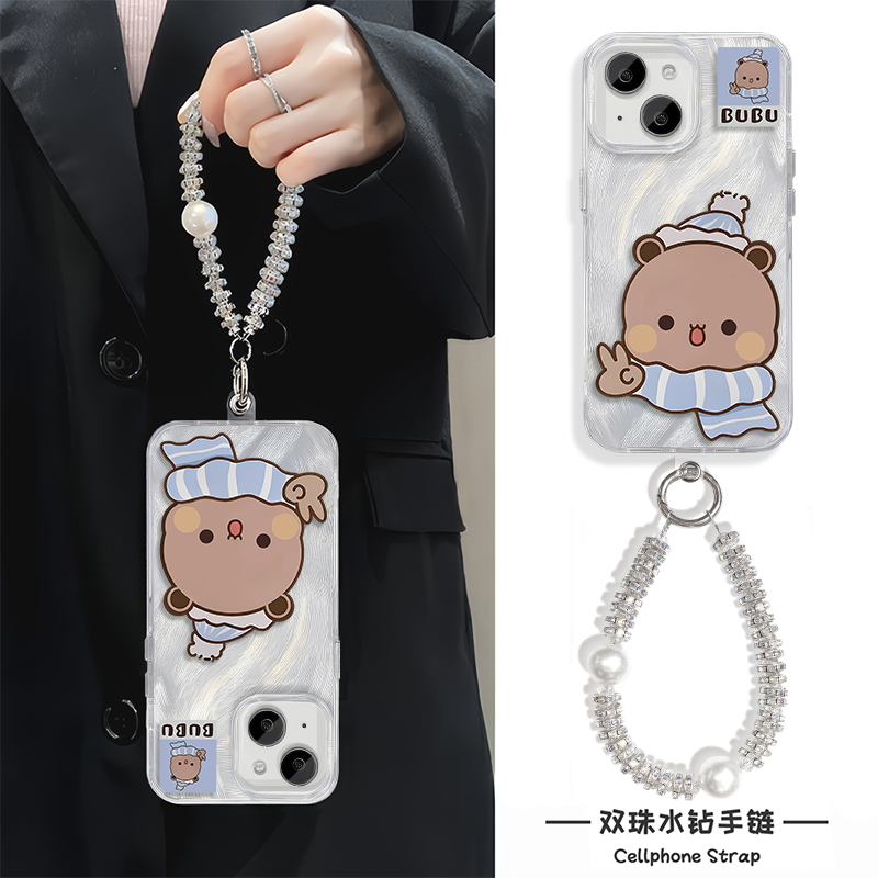 适用硬14ProMax冬日情侣布布一二iPhone16羽纱15plus高级感手链链条13手机壳带挂绳苹果12可爱手腕Findx8可爱