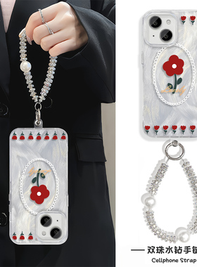 简约小红花iPhone16手机壳带挂绳RENO13羽纱NOVA12苹果14Plus适用K80Pro硬15ProMax高级感S20女ins风Y300日韩