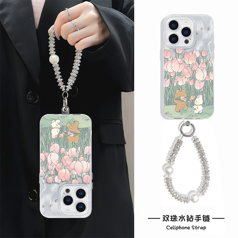 16plus适用硬可爱红米k70e高级感iPhone14羽纱ins风12ProMax郁金香小熊苹果13手机壳带挂绳小米15小清新neo10