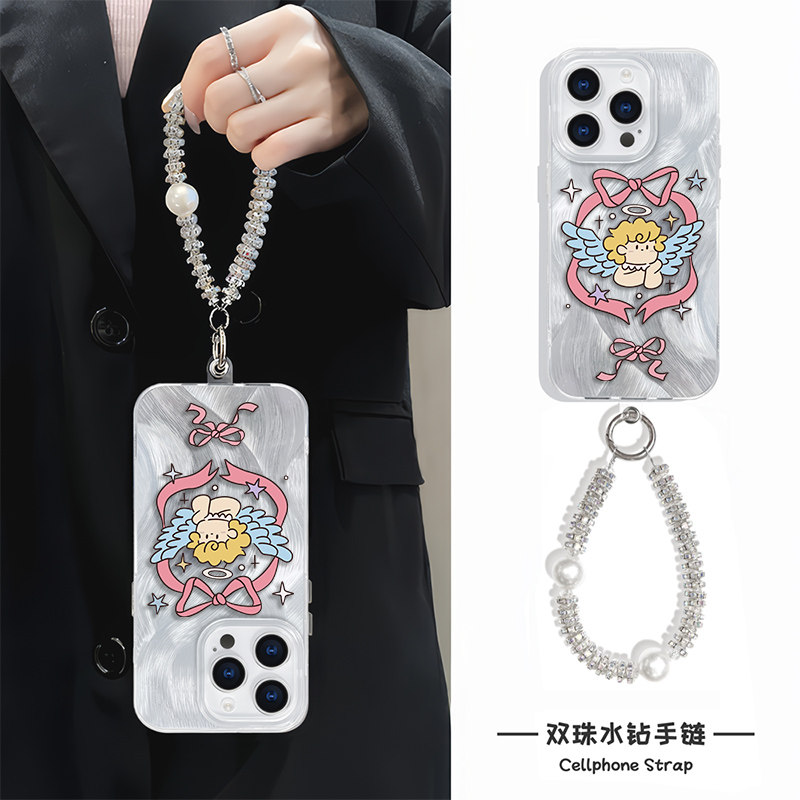 蝴蝶结丘比特iPhone14适用苹果12羽纱手机壳带挂绳15plus创意硬手腕A5高级感16ProMax华为Nova13小众荣耀x60i