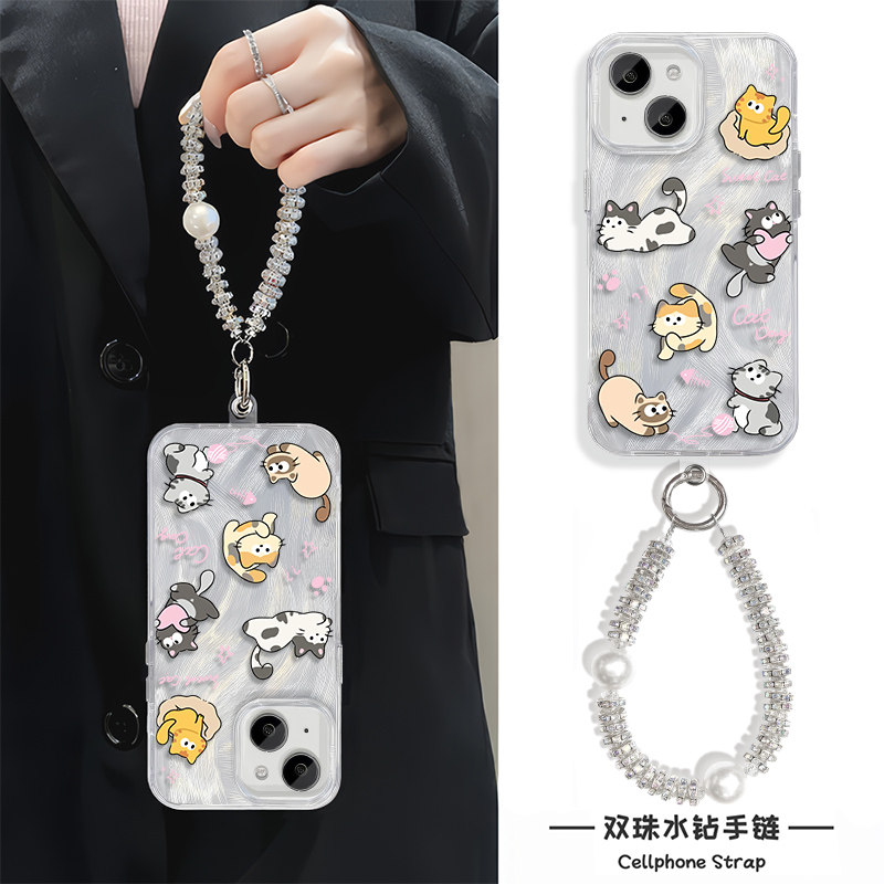 ins风可爱小猫iPhone12手机壳带挂绳NOVA13羽纱MATE70Pro苹果14Plus适用15Ultra硬16ProMax高级感链条NEO10女