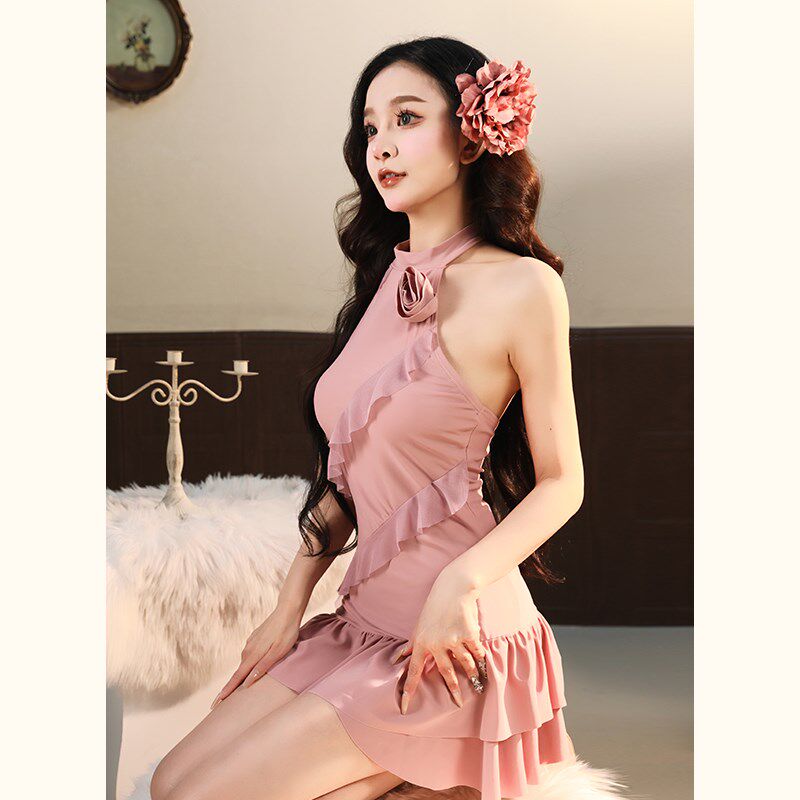 花房姑娘泳衣女款高级感连体裙式平角裤保守遮肉泡温X泉度假游泳