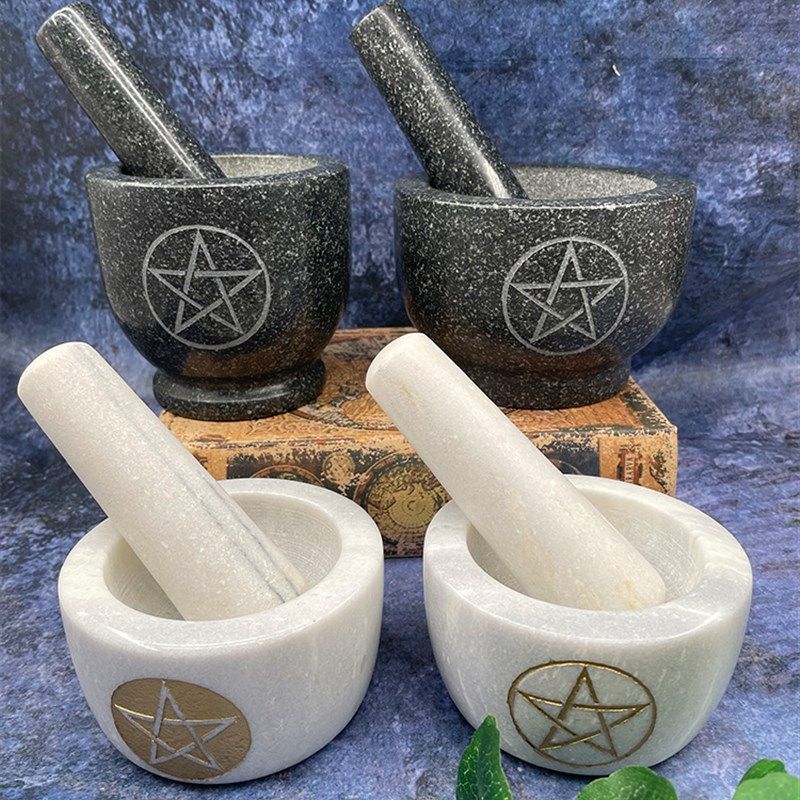 大理石草药研磨器捣药罐杵五芒J星研磨器皿摆件手工