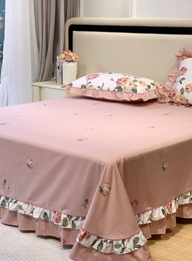 牀单单件100全棉绿色花边被单2023新款夏R季公主风牀上用品