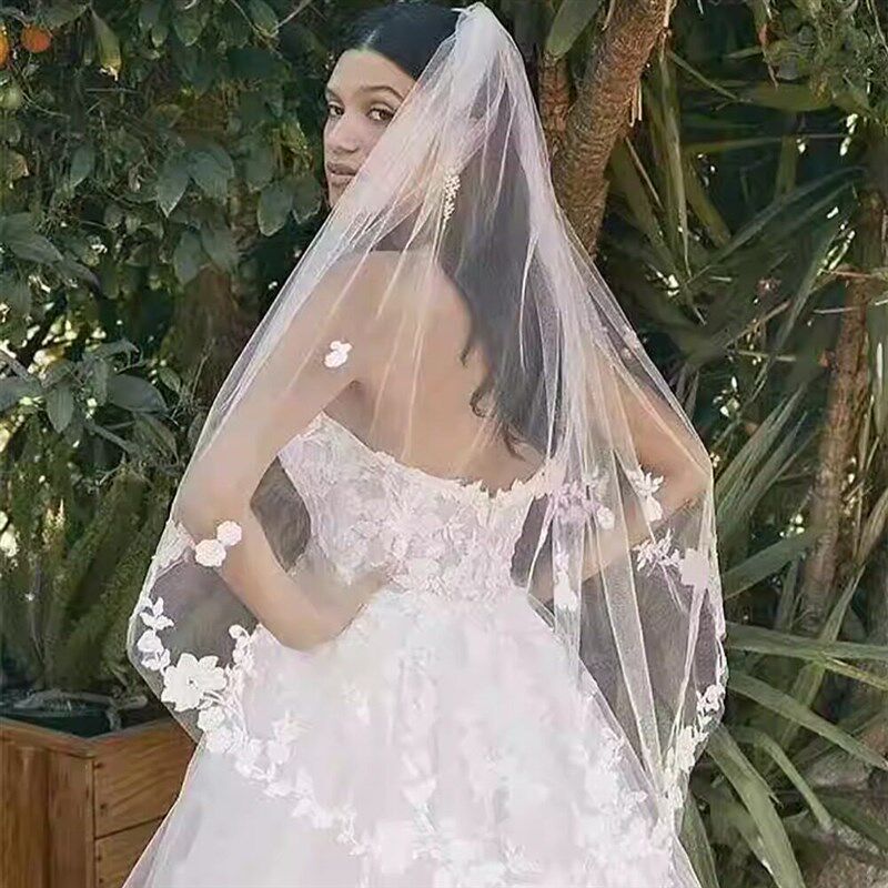 新娘结婚主婚领证登记头纱超仙森系拍摄道具双P层白色简约花边头
