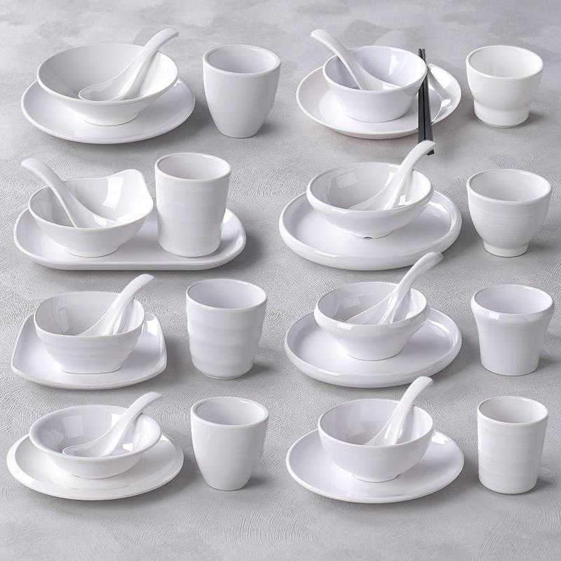 摆台四件套碗骨碟茶杯勺子餐具套装白色密胺仿瓷酒店饭店餐厅专用