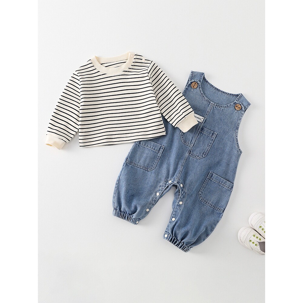 韩版婴幼儿衣服春季背带裤套装洋气男女宝宝牛仔爬服条纹t恤2件套