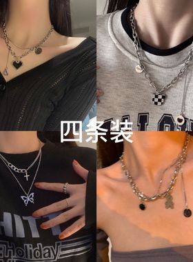 韩版ins潮叠戴爱心蝴蝶项链女小众设计感百搭个性网红嘻哈锁骨链