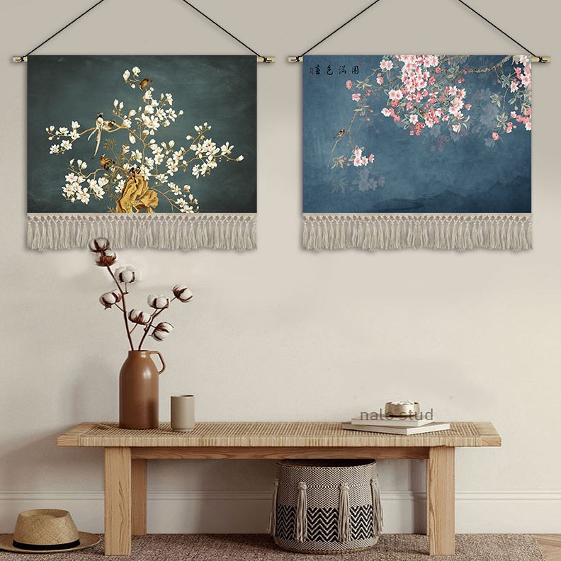 新中式花鸟挂画布艺卧室床头装饰画客厅背景墙挂布走廊挂毯布定制图片