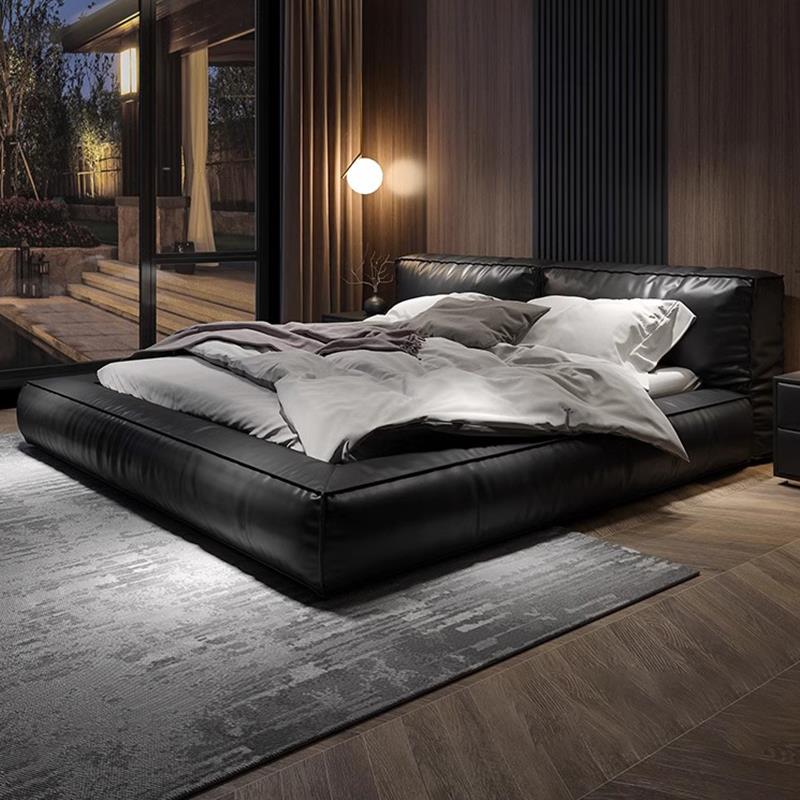 朴笙记榉木排骨架超大豆腐块真皮床现代简约北欧意式极简主卧婚床