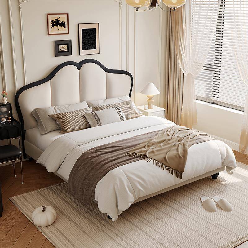 朴笙记榉木排骨架蝴蝶真皮床法式奶油风北欧意式极简主卧双人大床