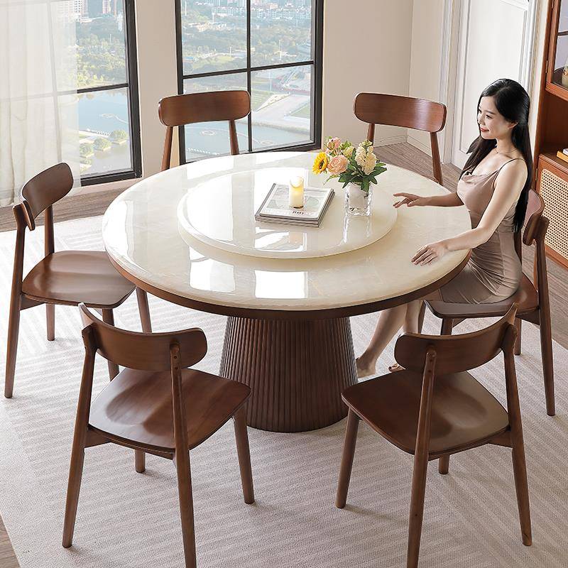 新中式风天然卡里冰玉大理石餐桌椅带转盘2025新款实木家用大圆桌