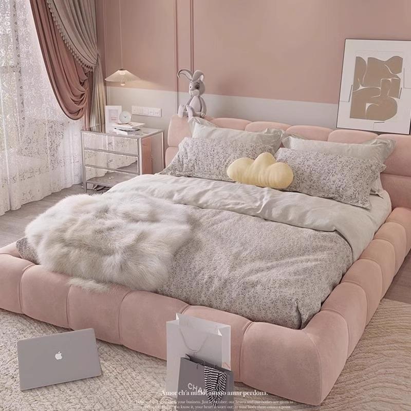 网红仙女粉色泡芙床简约现代主卧室大床法式奶油公主风布艺双人床
