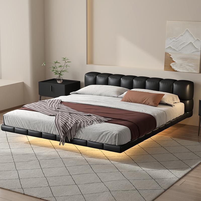 朴笙记巧克力真皮床简约现代泡芙悬浮床主卧床高端头层榉木排骨架