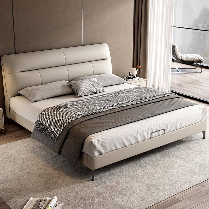 北栖巧克力床意式极简真皮床现代简约主卧豆腐块床婚床榉木排骨架