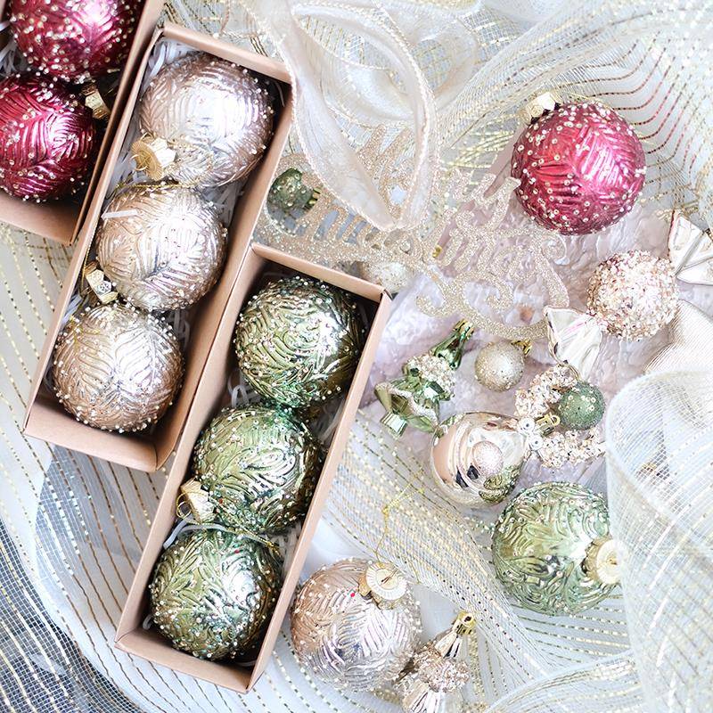 BG复古纹理8厘米圣诞球绿色红色香槟色圣诞树挂件圣诞装饰DIY