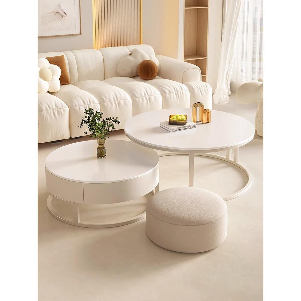 奶油风茶几客厅家用轻奢现代简约高端2025新款小户型圆形岩板茶桌
