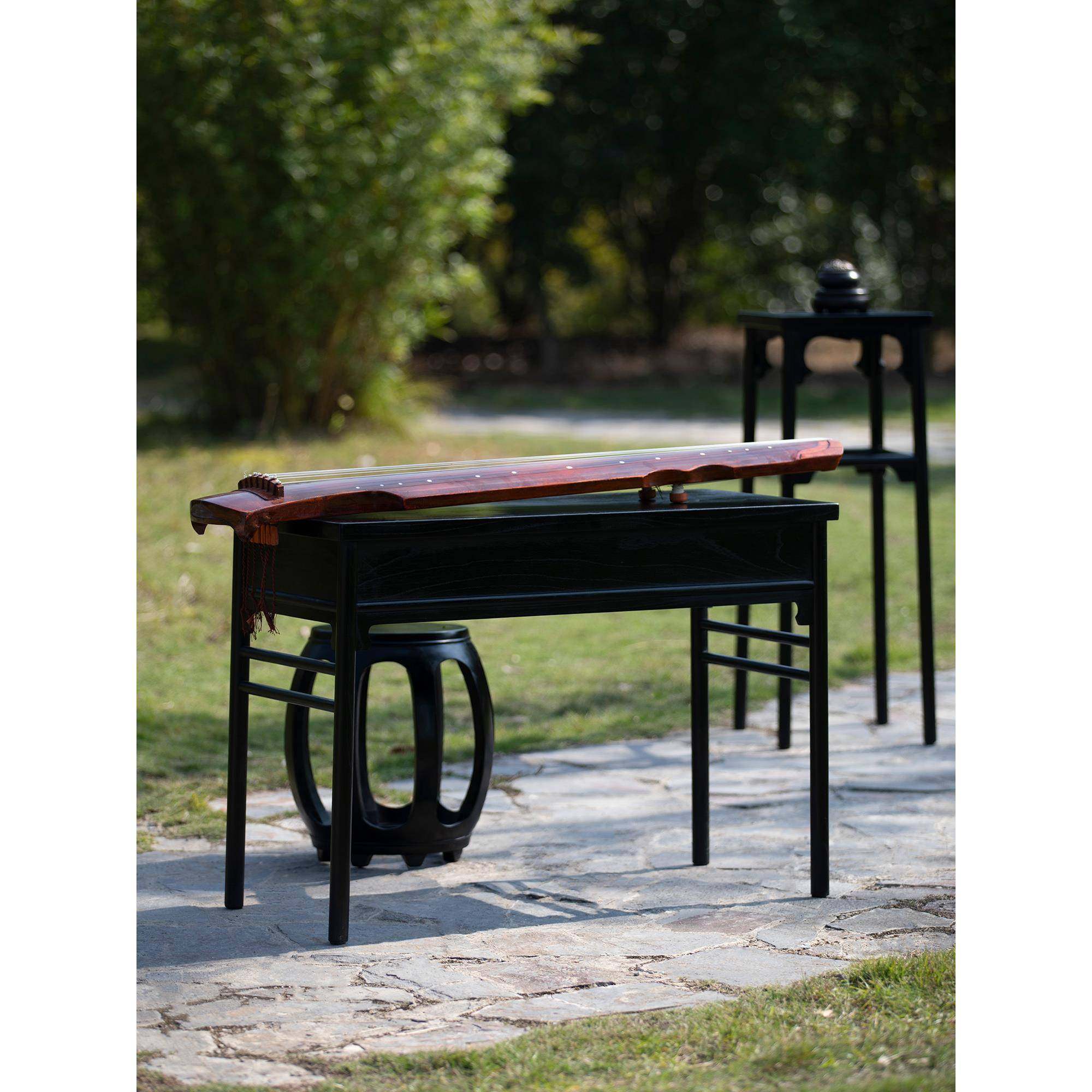 宋式琴桌听琴图徽宗黑漆鼓凳榫卯禅意榆木琴凳彷古简约共鸣琴台